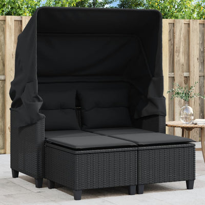 Garden Sofa 2-Seater with Canopy and Stools Black Poly Rattan