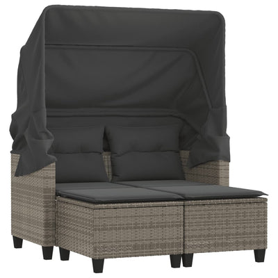 Garden Sofa 2-Seater with Canopy and Stools Grey Poly Rattan