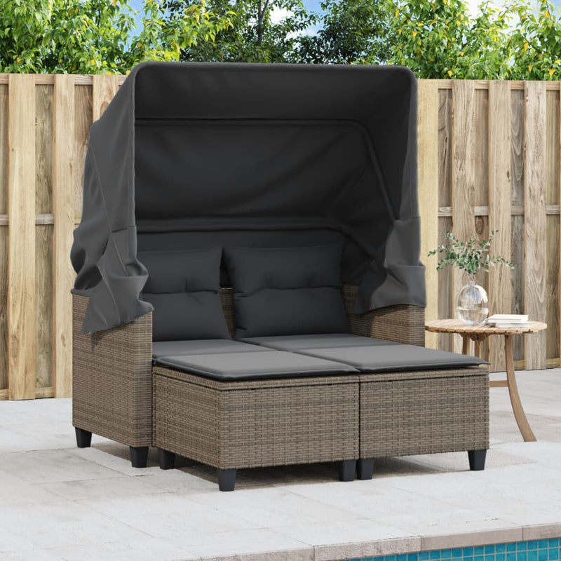 Garden Sofa 2-Seater with Canopy and Stools Grey Poly Rattan