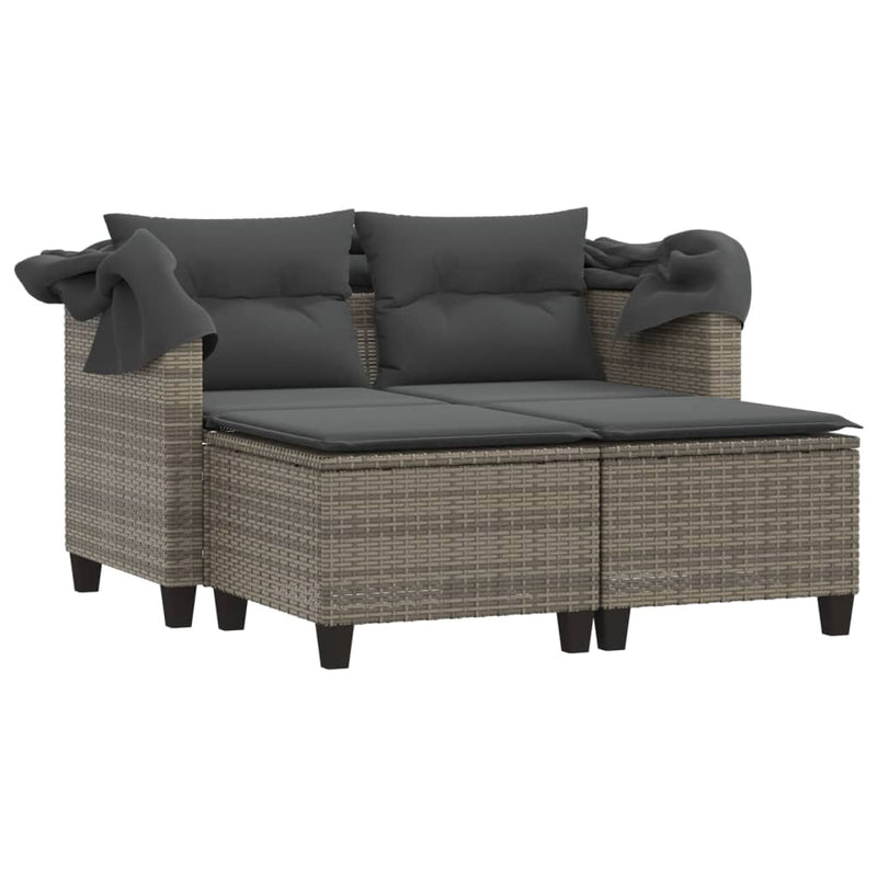 Garden Sofa 2-Seater with Canopy and Stools Grey Poly Rattan