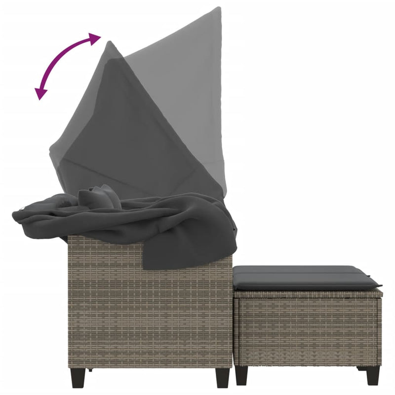 Garden Sofa 2-Seater with Canopy and Stools Grey Poly Rattan