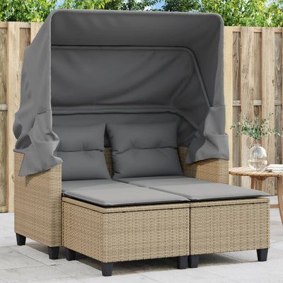 Garden Sofa 2-Seater with Canopy and Stools Beige Poly Rattan