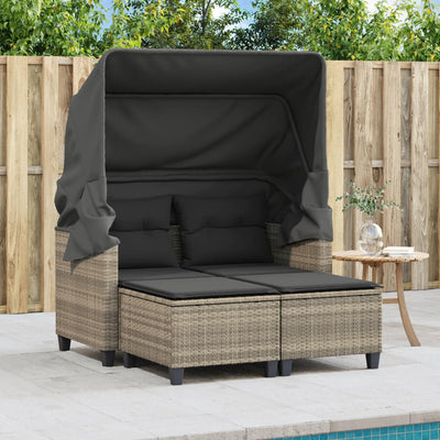 Garden Sofa 2-Seater with Canopy and Stools Light Grey Poly Rattan