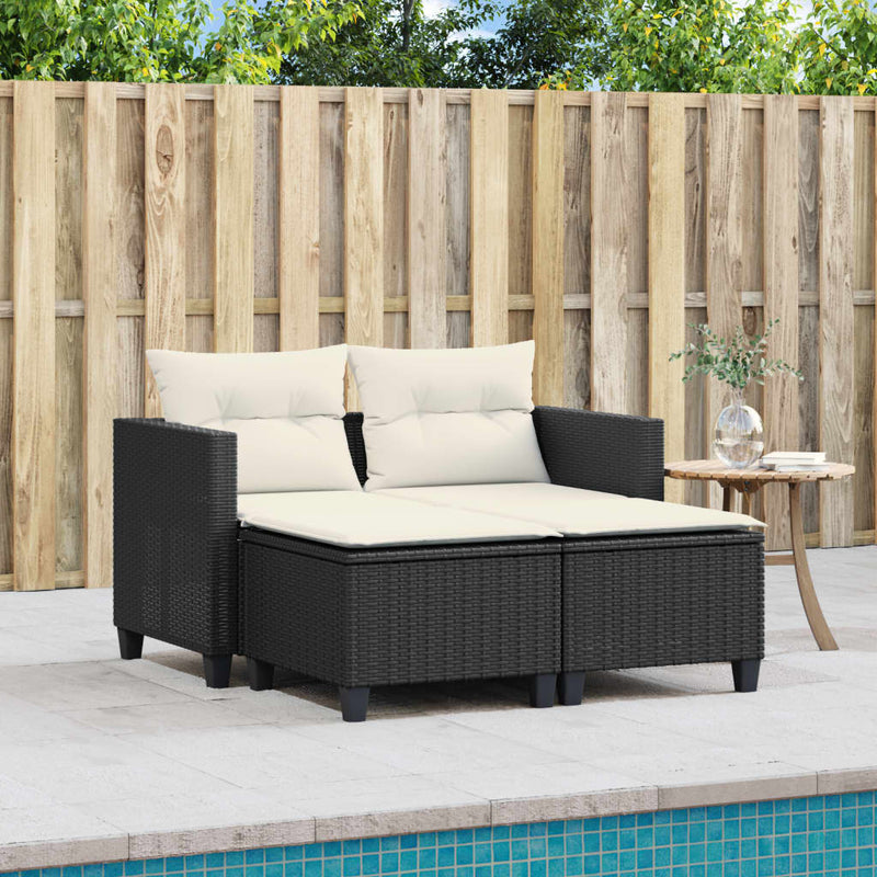 Garden Sofa 2-Seater with Stools Black Poly Rattan