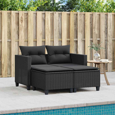 Garden Sofa 2-Seater with Stools Black Poly Rattan