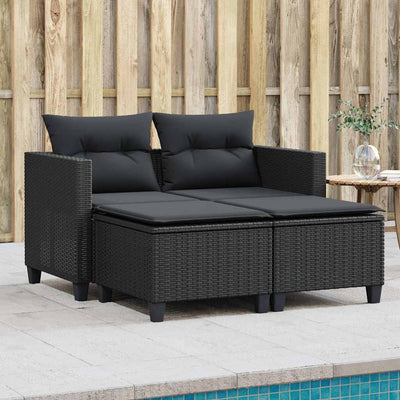 Garden Sofa 2-Seater with Stools Black Poly Rattan