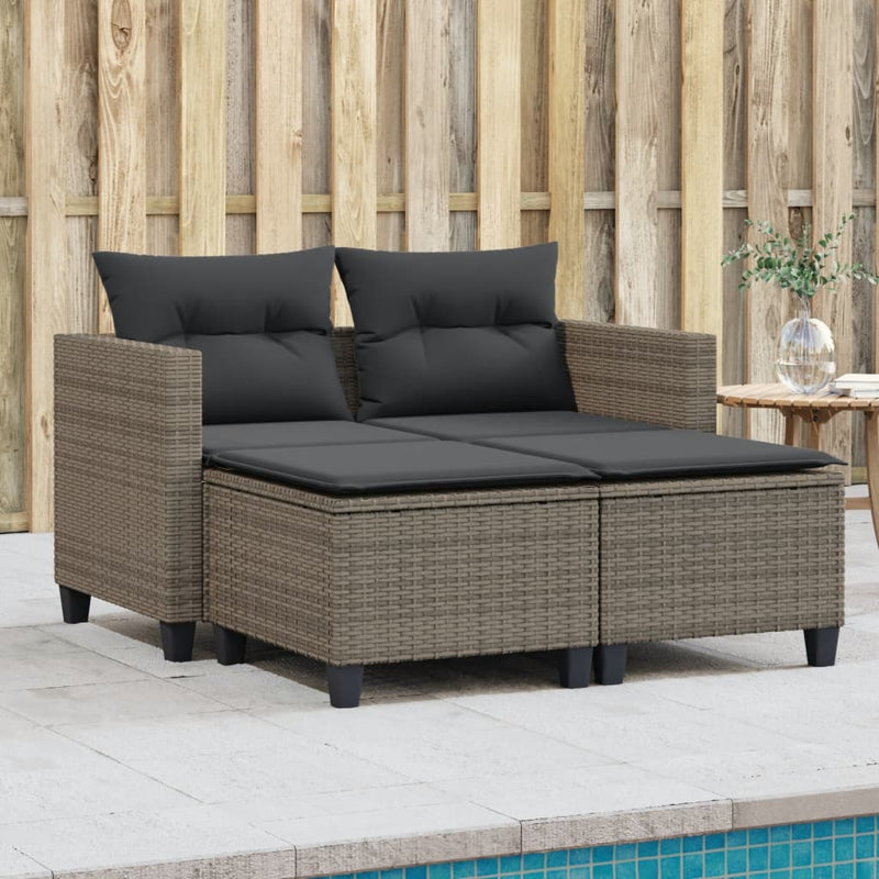 Garden Sofa 2-Seater with Stools Grey Poly Rattan