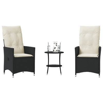 3 Piece Bistro Set with Cushions Black Poly Rattan