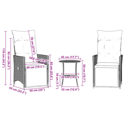 3 Piece Bistro Set with Cushions Grey Poly Rattan