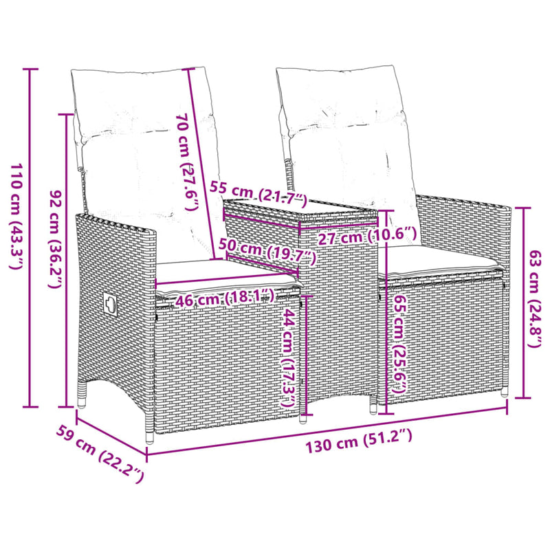 Reclining Garden Sofa 2-Seater with Table Grey Poly Rattan