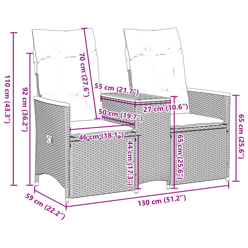 Reclining Garden Sofa 2-Seater with Table Black Poly Rattan