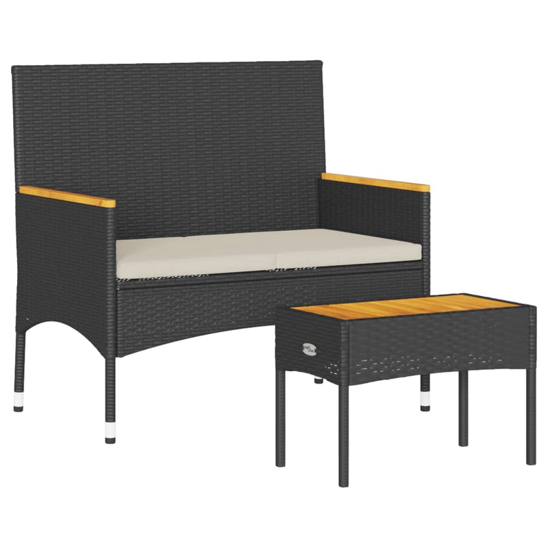 Garden Bench 2-Seater with Cushions and Table Black Poly Rattan