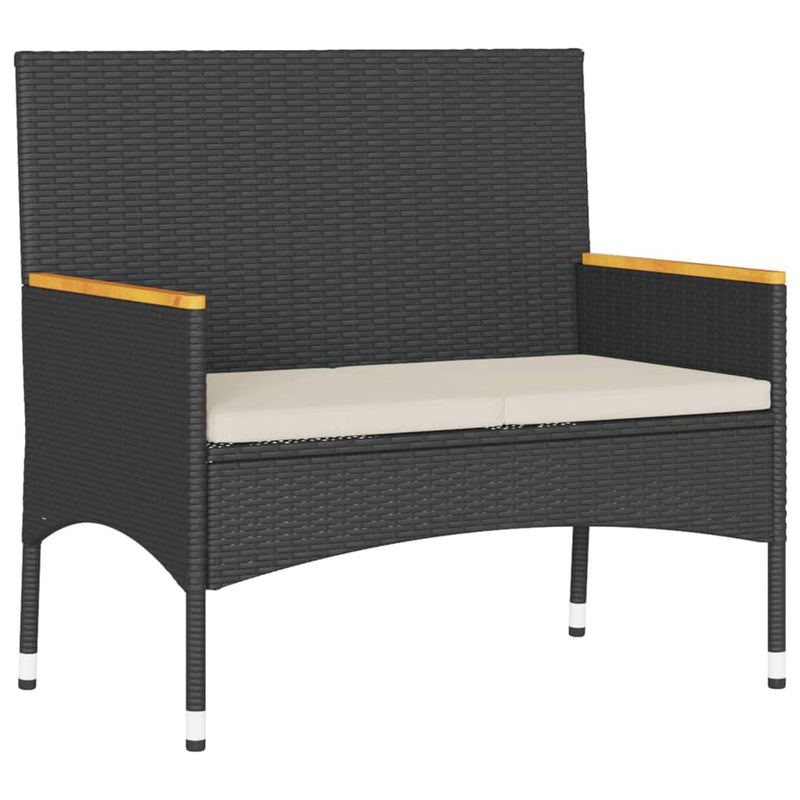 Garden Bench 2-Seater with Cushions and Table Black Poly Rattan