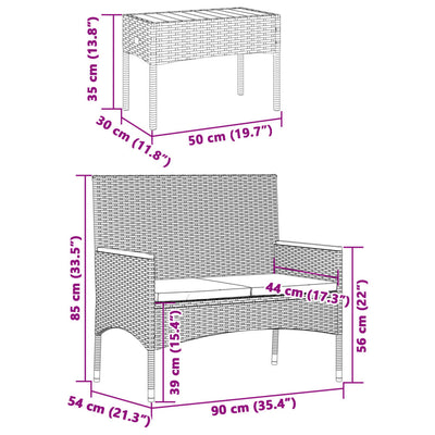 Garden Bench 2-Seater with Cushions and Table Black Poly Rattan