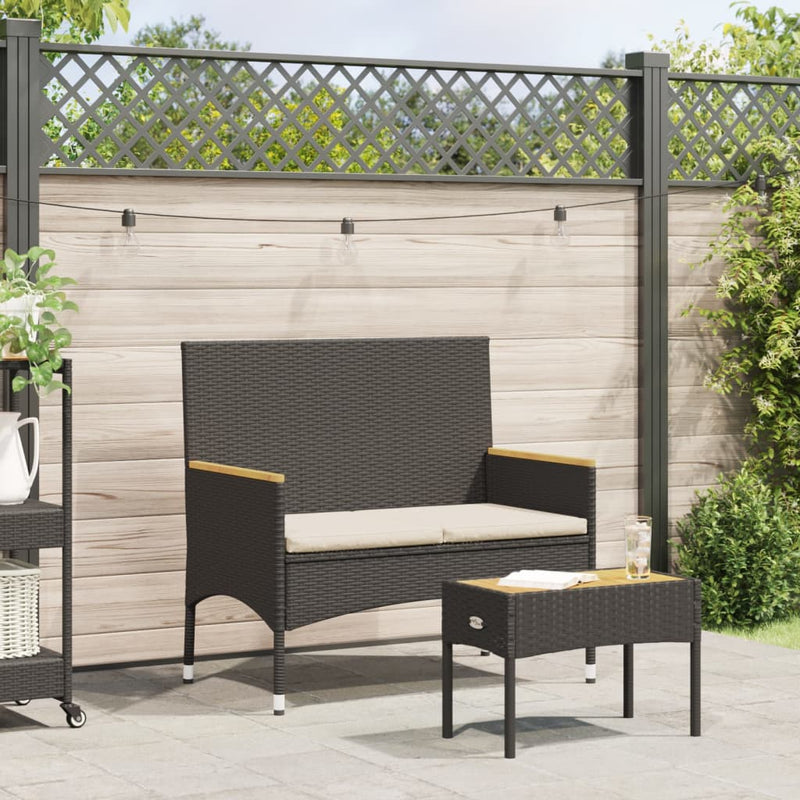 Garden Bench 2-Seater with Cushions and Table Black Poly Rattan