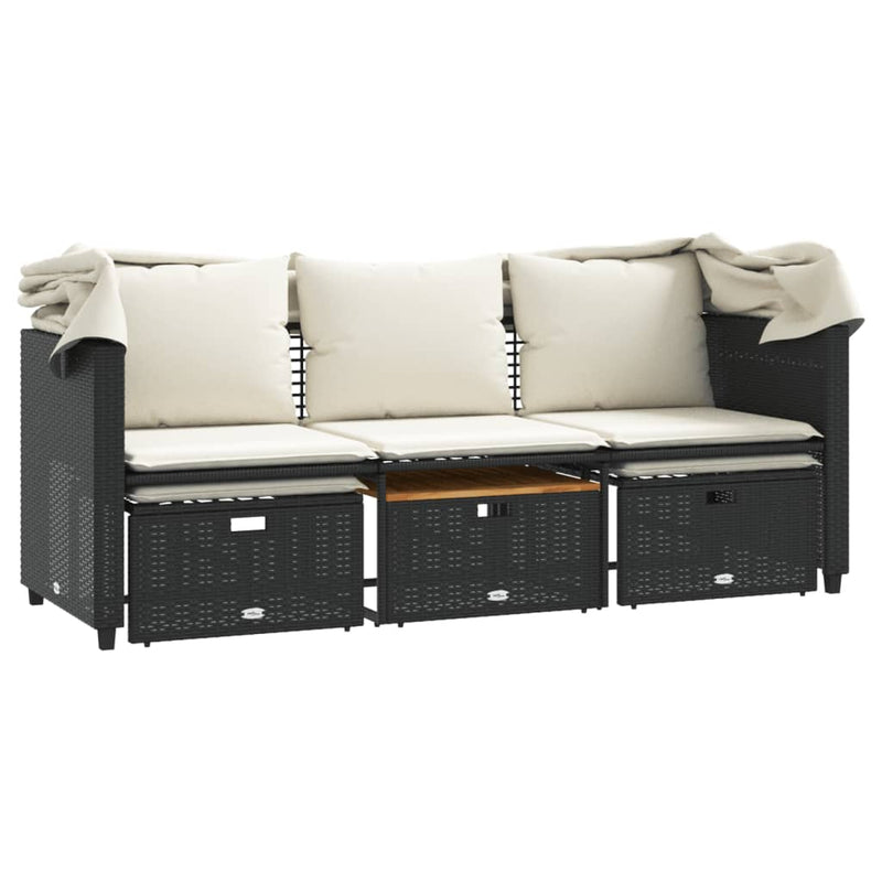 Garden Sofa 3-Seater with Canopy and Stools Black Poly Rattan