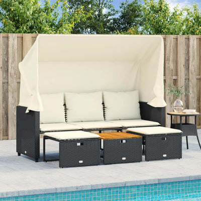 Garden Sofa 3-Seater with Canopy and Stools Black Poly Rattan