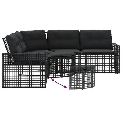 Garden Sofa with Cushions and Footstool L-Shaped Black Poly Rattan