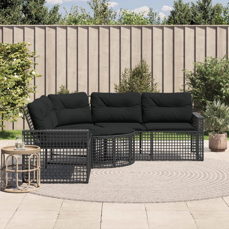 Garden Sofa with Cushions and Footstool L-Shaped Black Poly Rattan