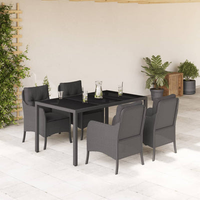 5 Piece Garden Dining Set with Cushions Black Poly Rattan