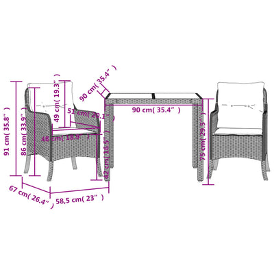 3 Piece Garden Dining Set with Cushions Grey Poly Rattan