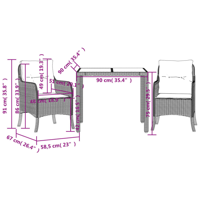 3 Piece Garden Dining Set with Cushions Grey Poly Rattan