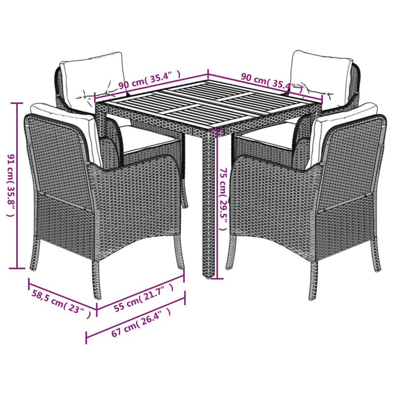 5 Piece Garden Dining Set with Cushions Black Poly Rattan