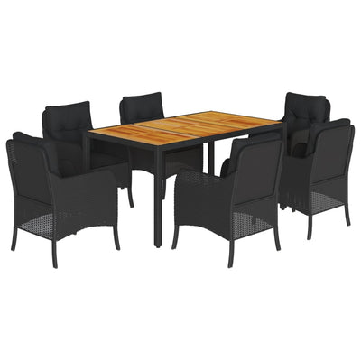 7 Piece Garden Dining Set with Cushions Black Poly Rattan