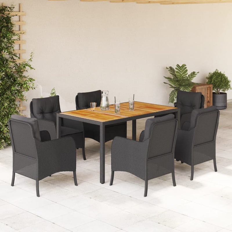 7 Piece Garden Dining Set with Cushions Black Poly Rattan