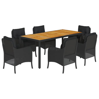 7 Piece Garden Dining Set with Cushions Black Poly Rattan