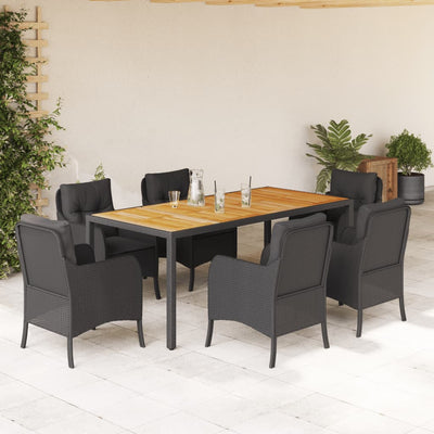 7 Piece Garden Dining Set with Cushions Black Poly Rattan