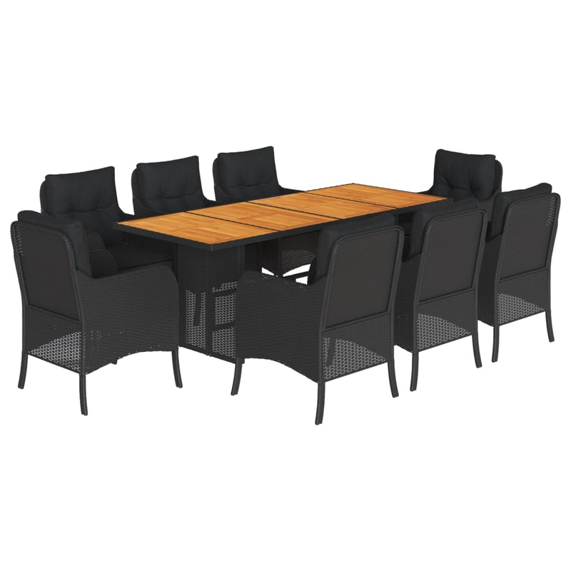 9 Piece Garden Dining Set with Cushions Black Poly Rattan