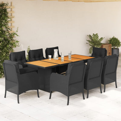 9 Piece Garden Dining Set with Cushions Black Poly Rattan