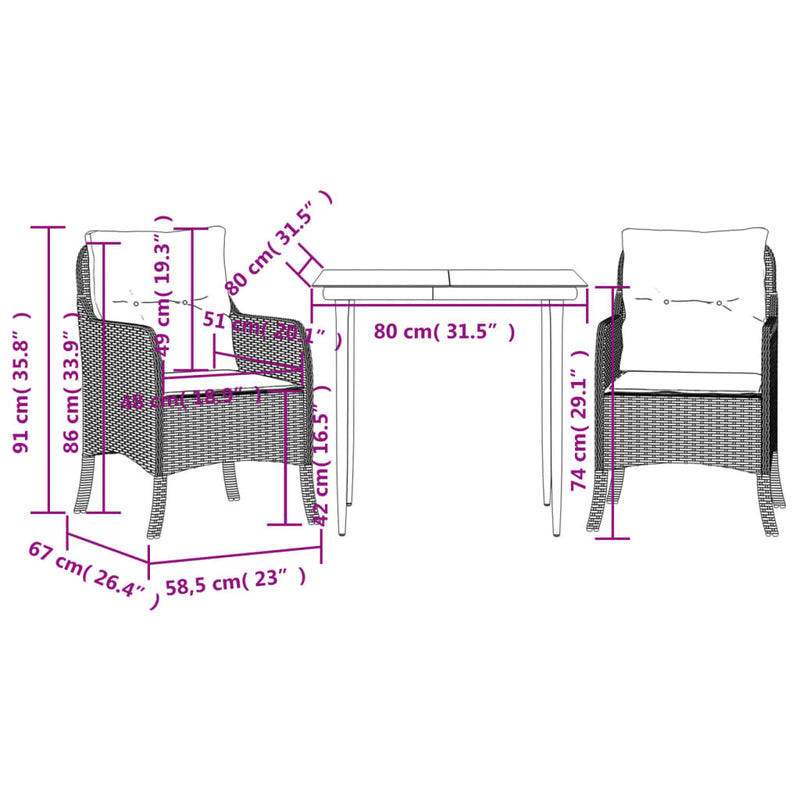 3 Piece Garden Dining Set with Cushions Black Poly Rattan