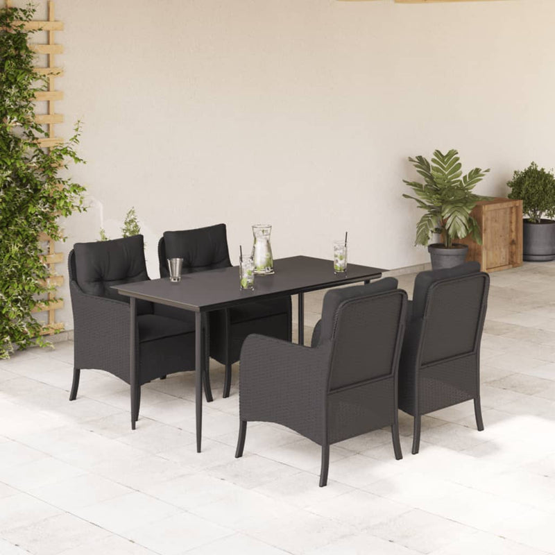 5 Piece Garden Dining Set with Cushions Black Poly Rattan