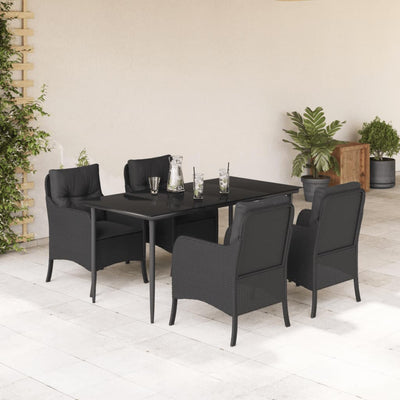 5 Piece Garden Dining Set with Cushions Black Poly Rattan