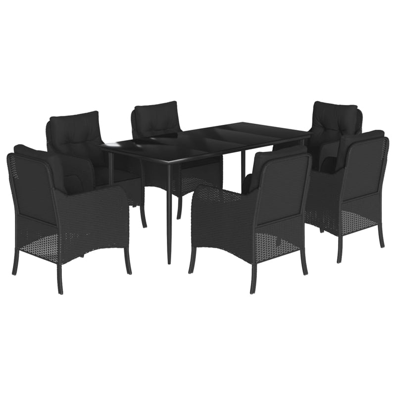 7 Piece Garden Dining Set with Cushions Black Poly Rattan