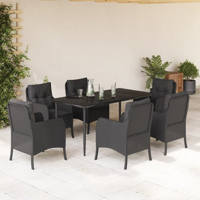 7 Piece Garden Dining Set with Cushions Black Poly Rattan