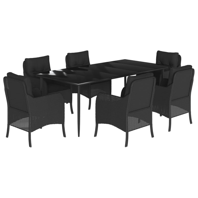 7 Piece Garden Dining Set with Cushions Black Poly Rattan