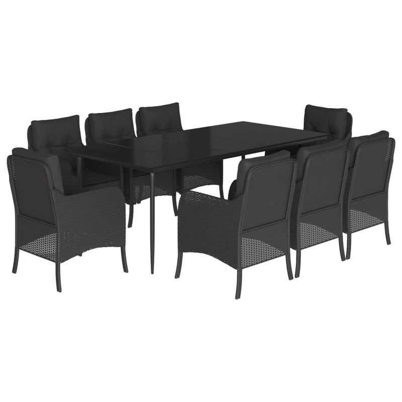 9 Piece Garden Dining Set with Cushions Black Poly Rattan