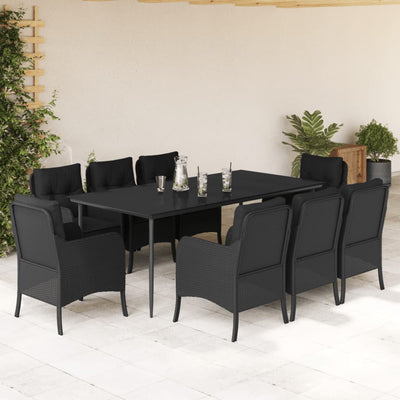 9 Piece Garden Dining Set with Cushions Black Poly Rattan