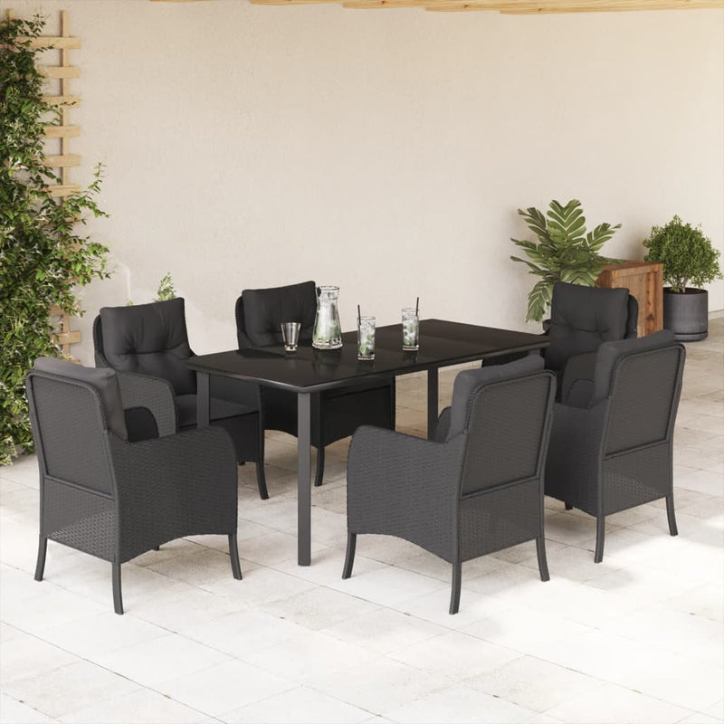 7 Piece Garden Dining Set with Cushions Black Poly Rattan