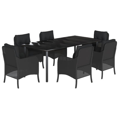 7 Piece Garden Dining Set with Cushions Black Poly Rattan