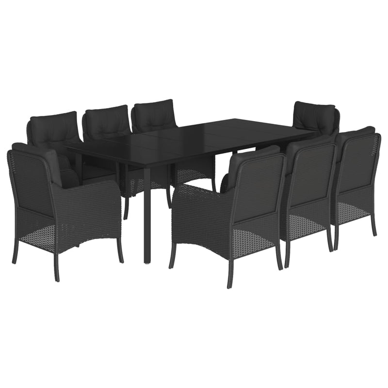 9 Piece Garden Dining Set with Cushions Black Poly Rattan