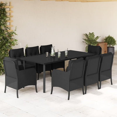 9 Piece Garden Dining Set with Cushions Black Poly Rattan