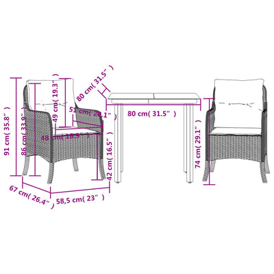 3 Piece Garden Dining Set with Cushions Grey Poly Rattan