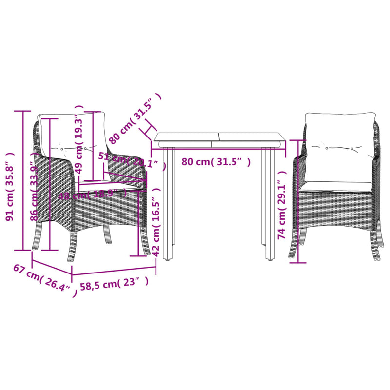 3 Piece Garden Dining Set with Cushions Grey Poly Rattan