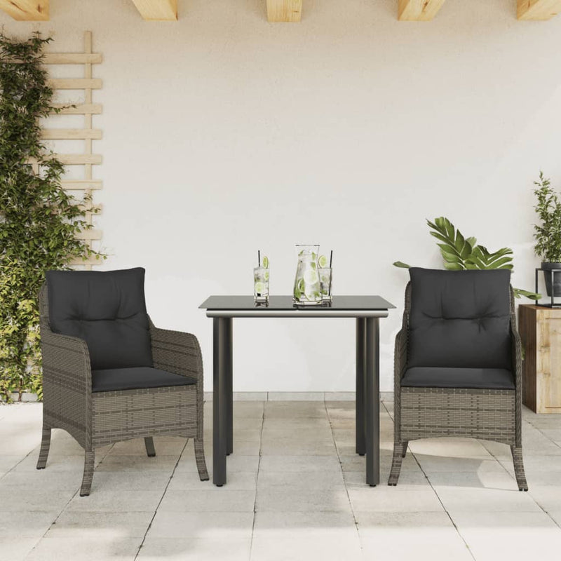 3 Piece Garden Dining Set with Cushions Grey Poly Rattan