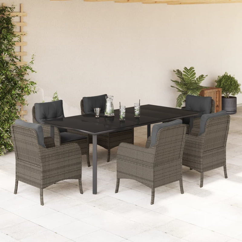 7 Piece Garden Dining Set with Cushions Grey Poly Rattan