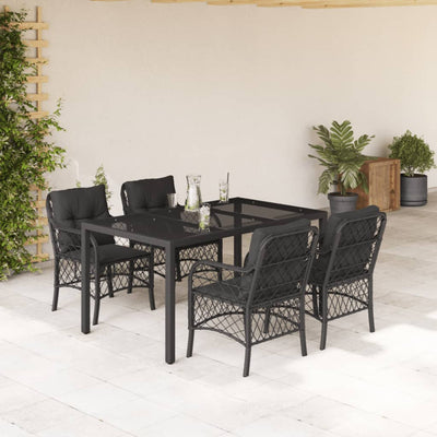 5 Piece Garden Dining Set with Cushions Black Poly Rattan